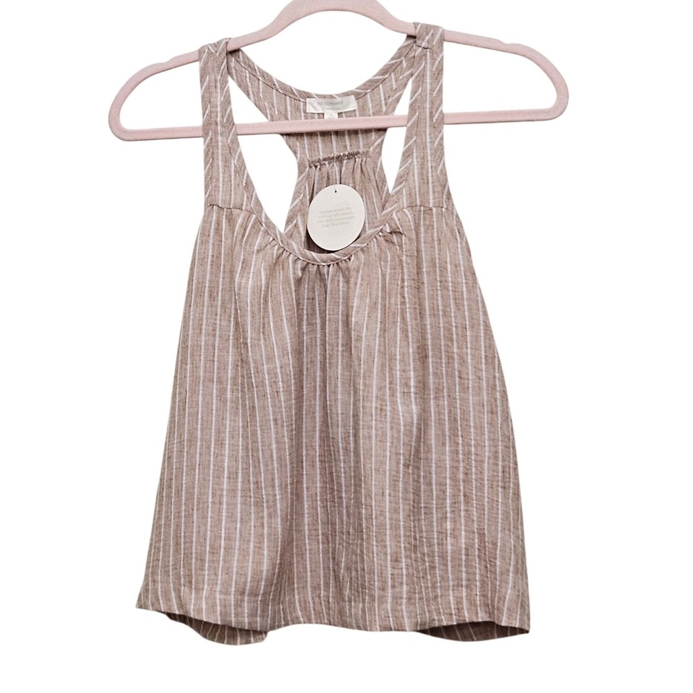 No Comment Tank Top Womens Medium Tan Striped Linen Love Racerback Boho Summer